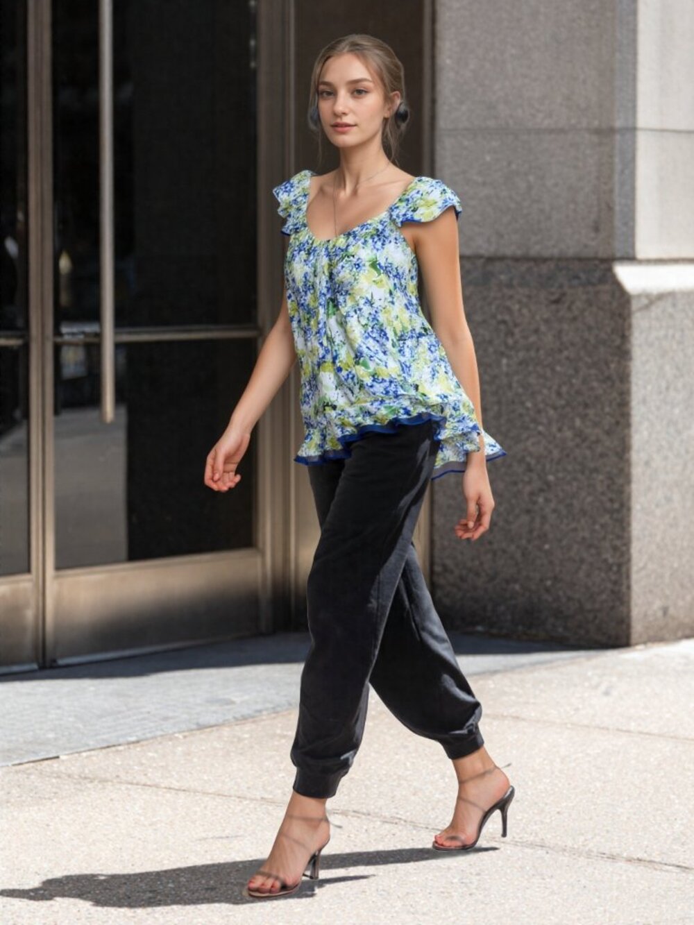 Oscar de la Renta Floral Ruffle Tank Top in Blue & Green